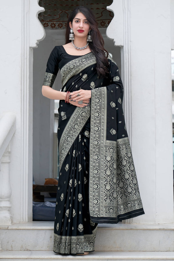 Liklee Black Soft Banarasi Silk Saree With Petrichor Blouse Piece