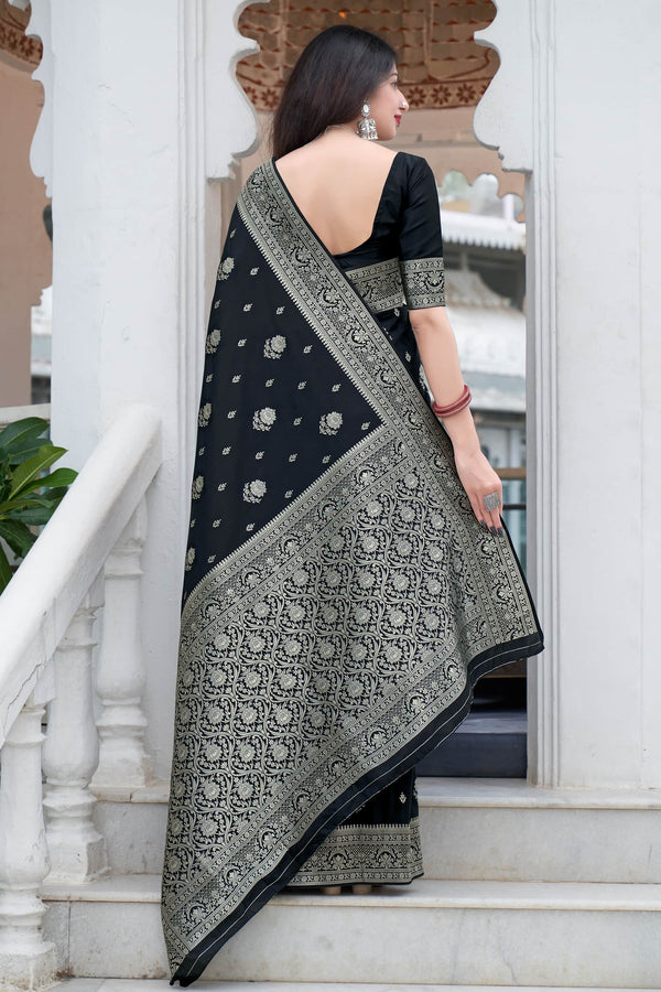 Liklee Black Soft Banarasi Silk Saree With Petrichor Blouse Piece