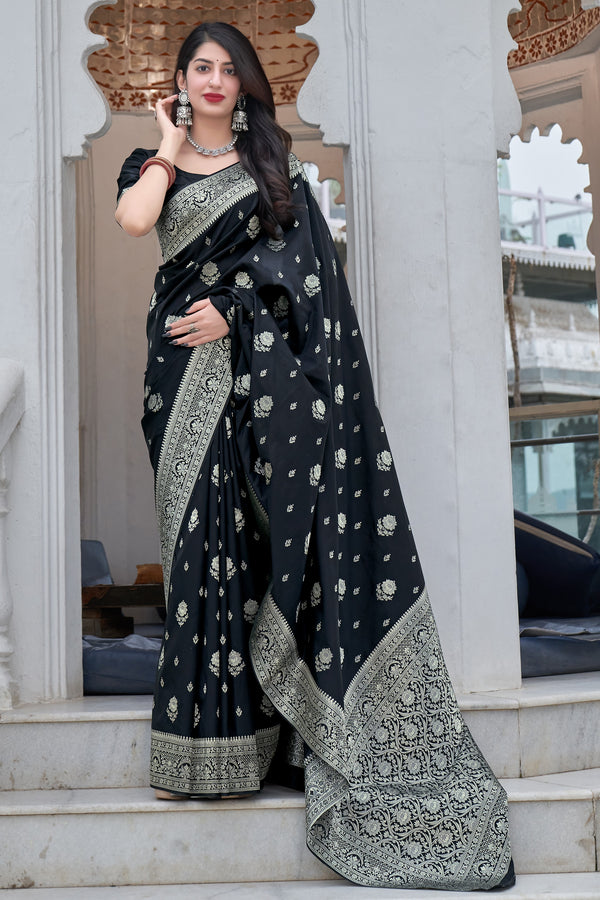 Liklee Black Soft Banarasi Silk Saree With Petrichor Blouse Piece