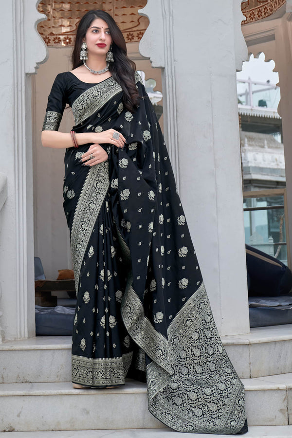 Liklee Black Soft Banarasi Silk Saree With Petrichor Blouse Piece