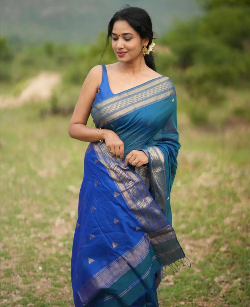 Liklee Blue Women's Pure Katan Silk Banarasi Kadiyal Handloom Saree