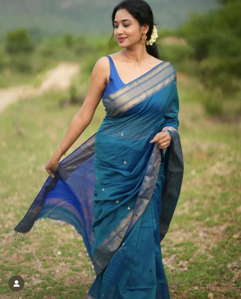 Liklee Blue Women's Pure Katan Silk Banarasi Kadiyal Handloom Saree