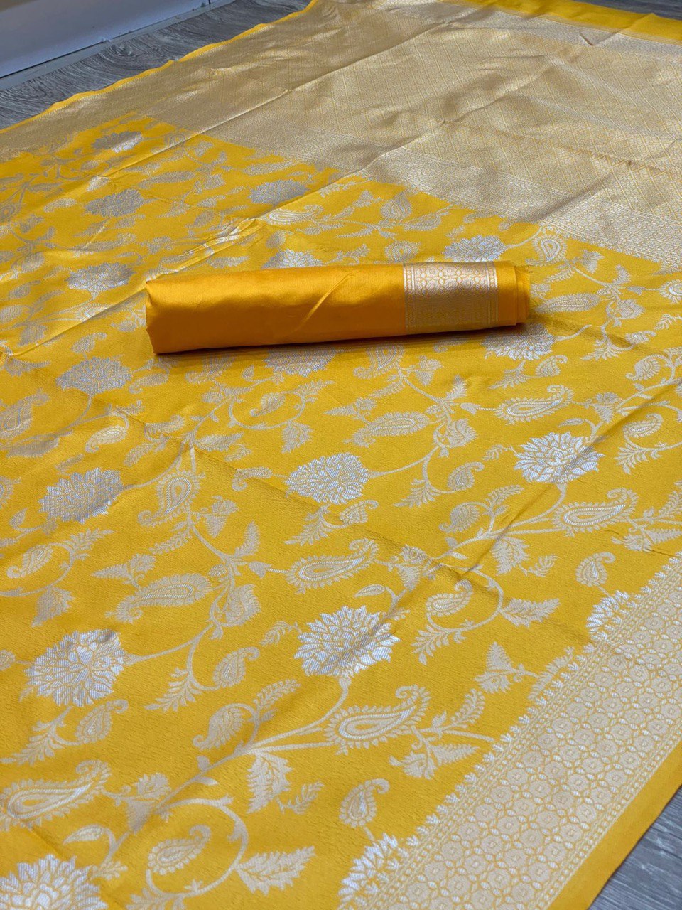 Liklee Yellow Lichi Silk Wedding Wear Banarasi Saree With Blouse