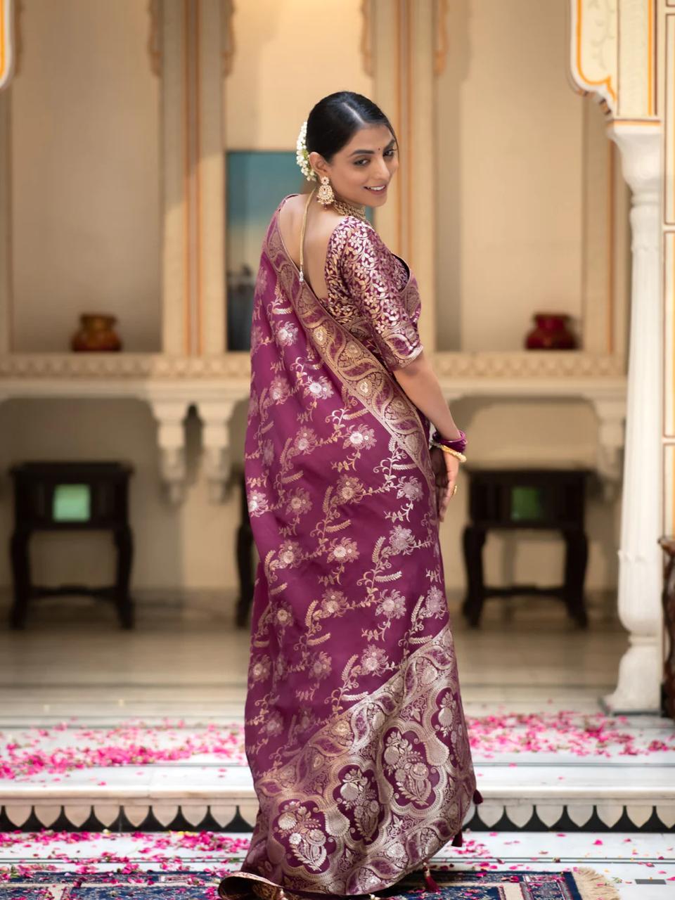 Liklee Flamboyant Wine Soft Silk Saree with Majesty Blouse Piece