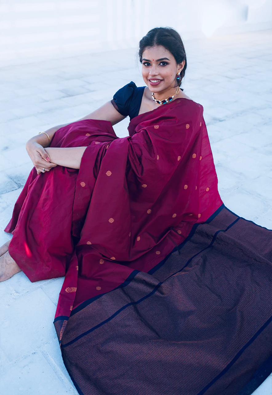 Liklee Stylish Wine Soft Silk Saree with Unique Blue Blouse Piece