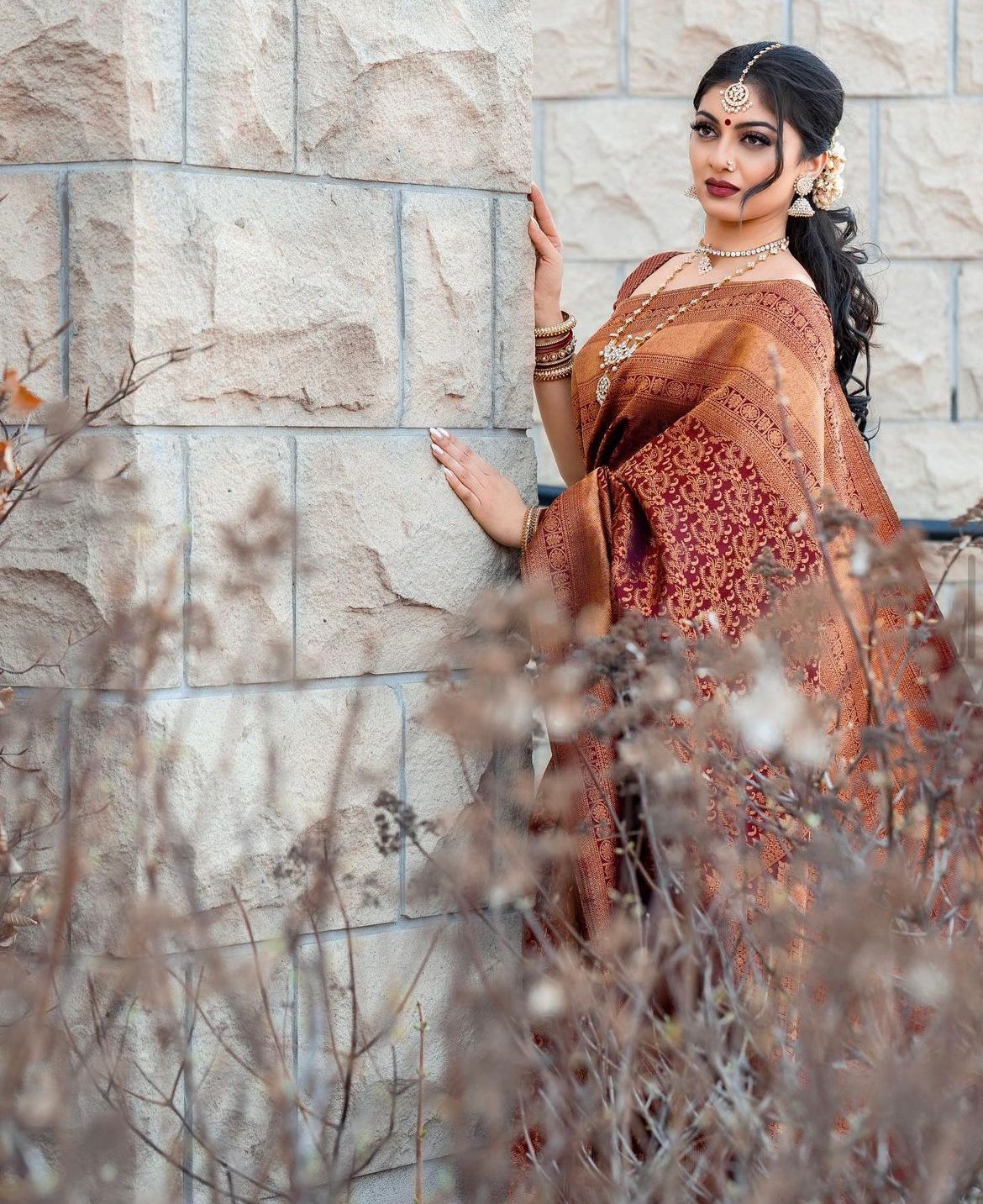 Liklee Brown Handloom Weaving Silk Saree With Mesmeric Blue Blouse