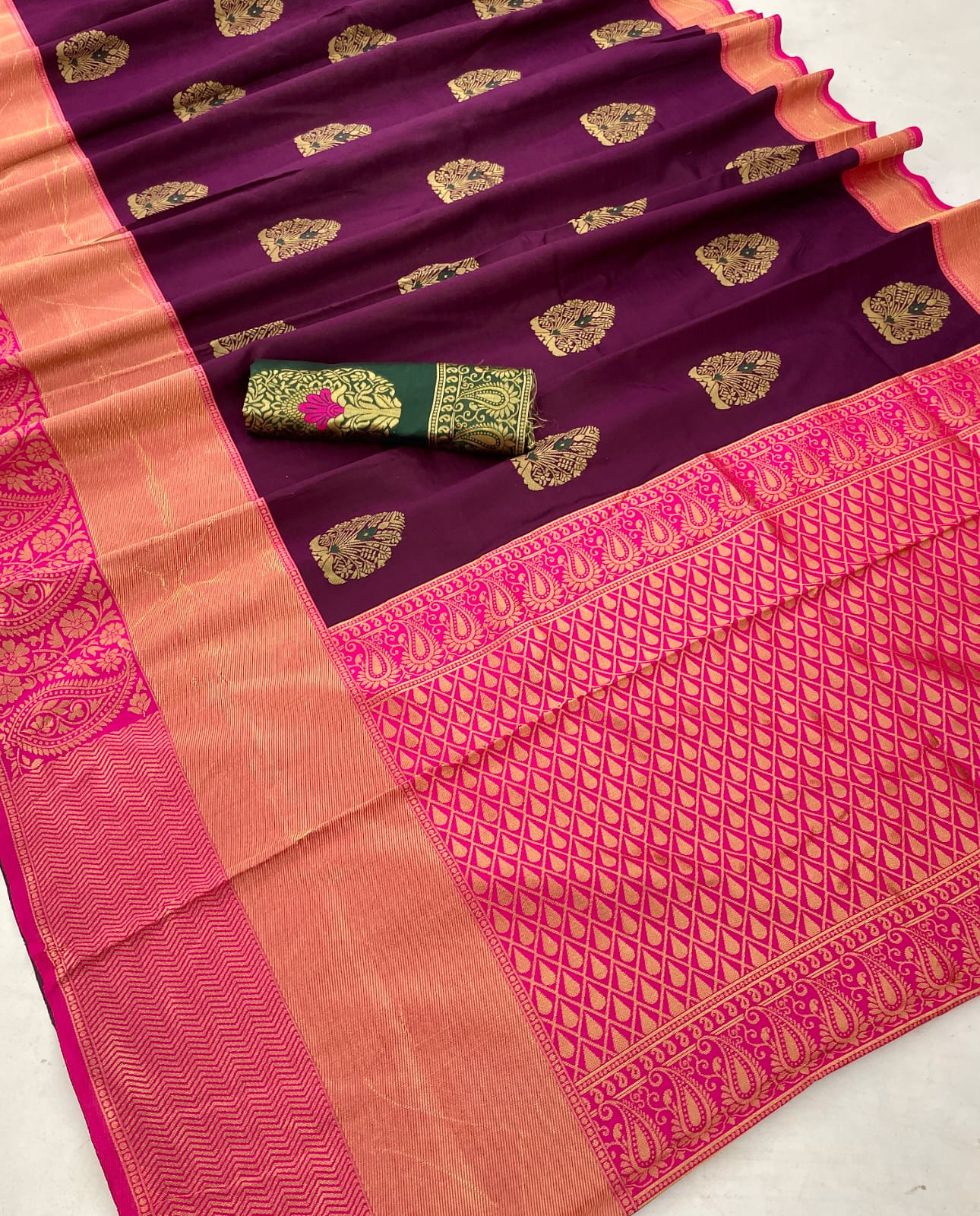 Liklee Wine Soft Banarasi Silk Saree with Unique Blouse Piece