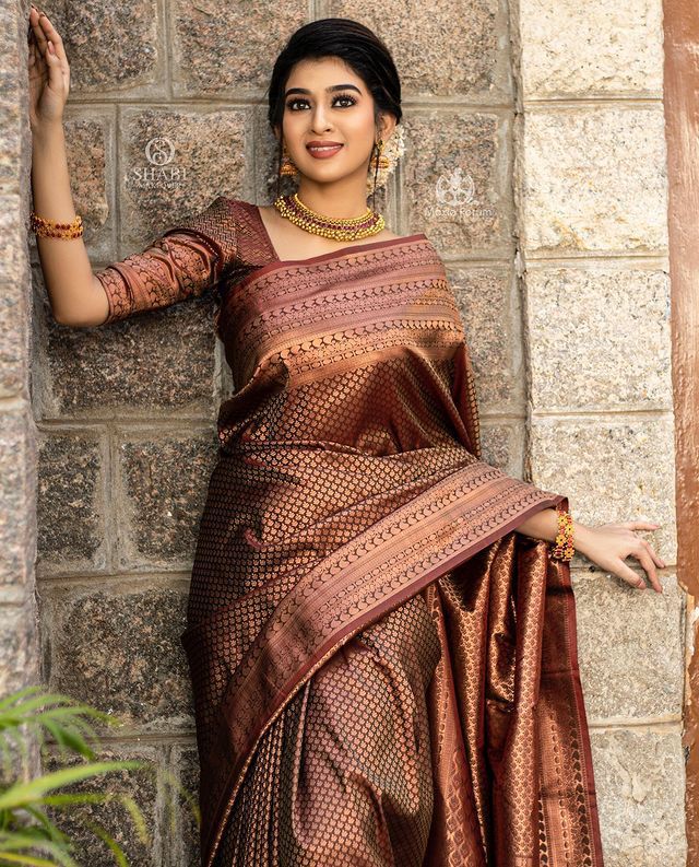 Liklee Brown Jacquard Checks Soft Lichi Silk Saree With Blouse Piece