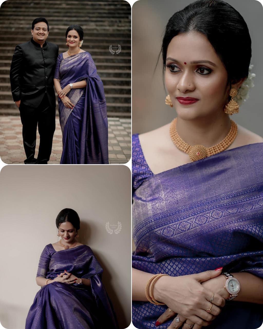 Liklee Magnetic Blue Soft Silk Saree With Seraglio Blouse Piece