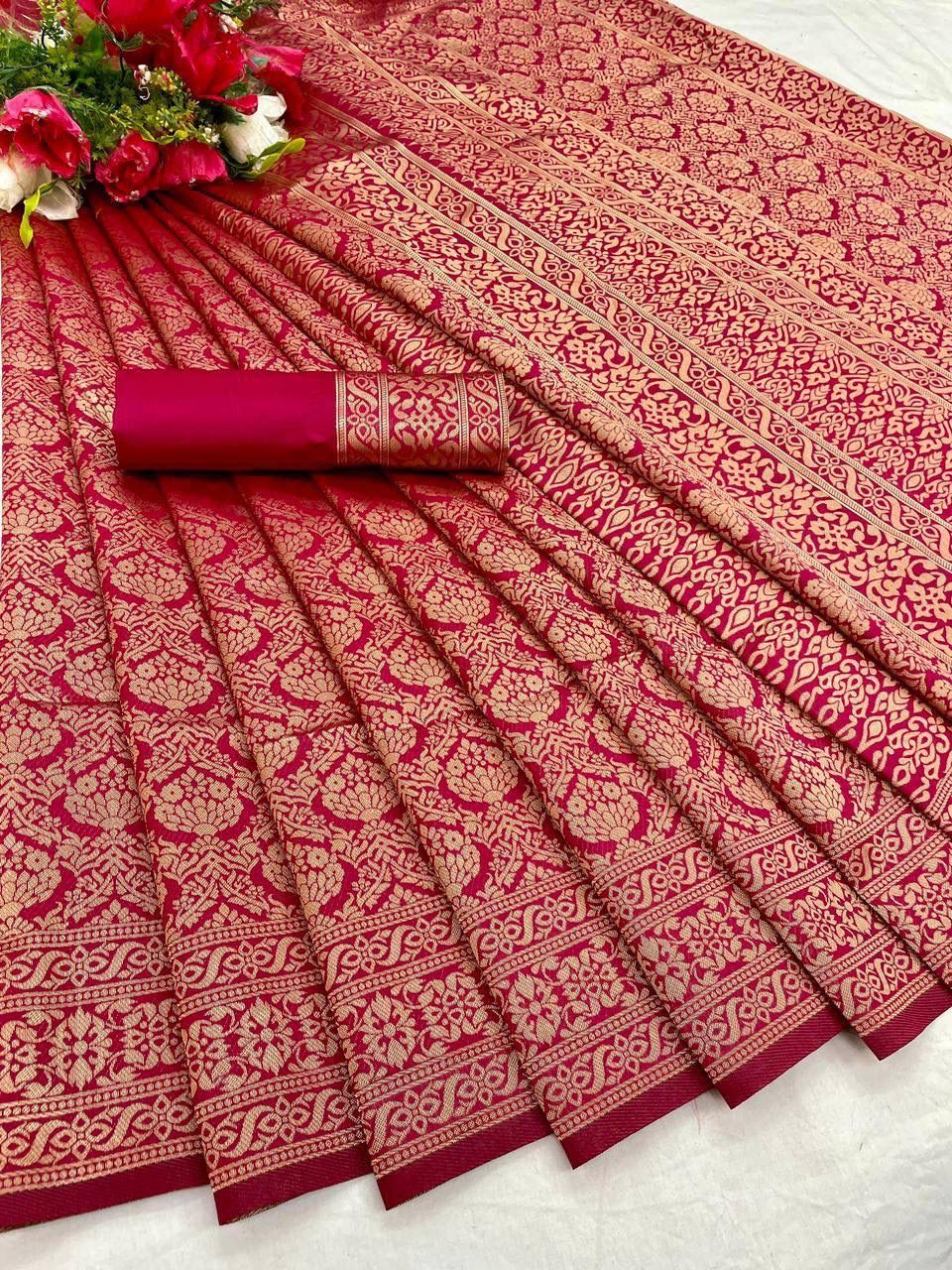 Liklee Pink Soft Banarasi Silk Saree With Petrichor Blouse Piece