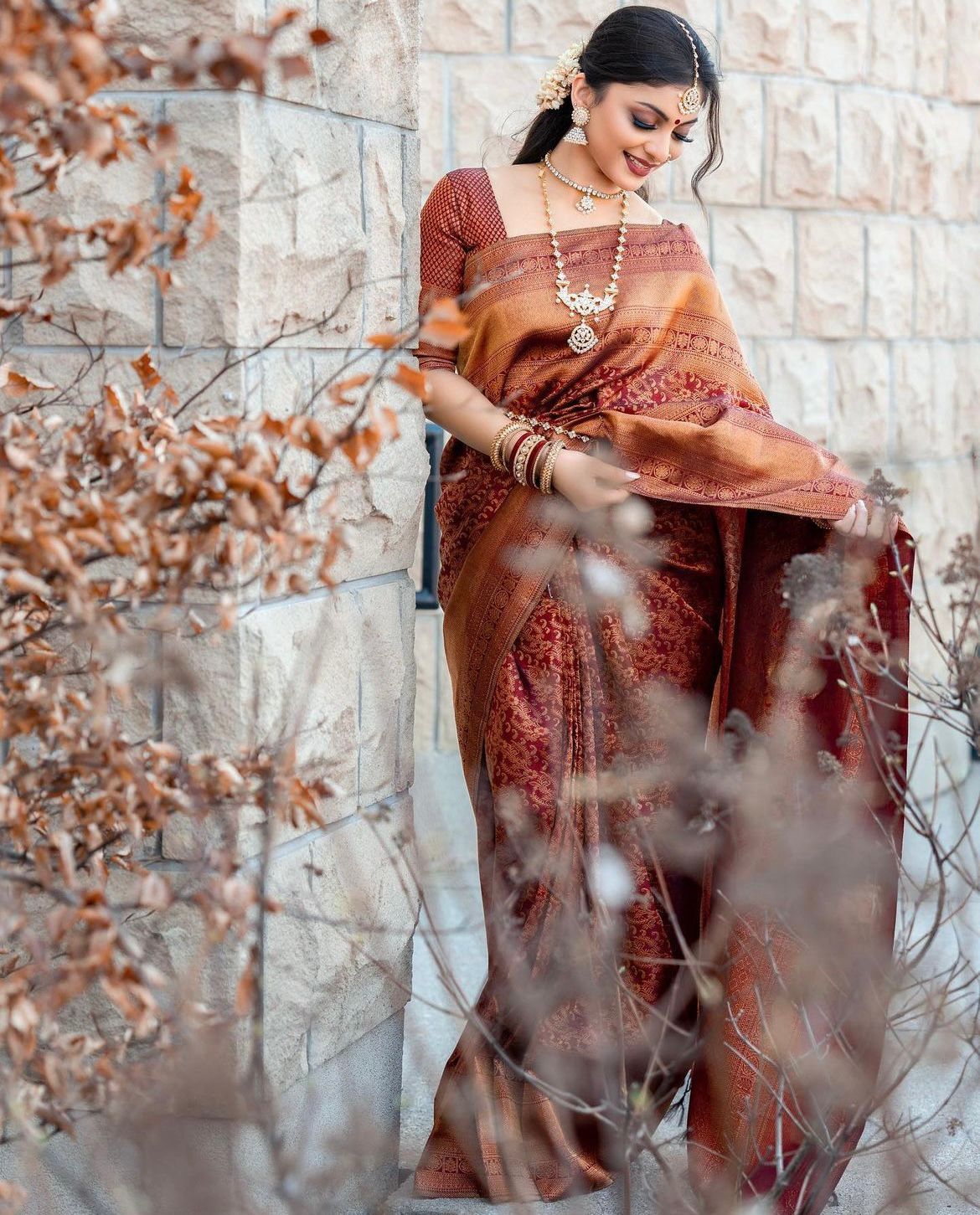 Liklee Brown Handloom Weaving Silk Saree With Mesmeric Blue Blouse