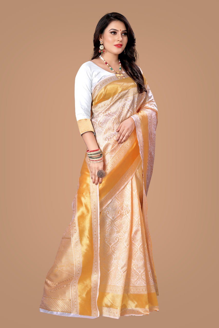 Liklee Cream Enchanting Soft Silk Saree With Glowing Blouse Piece