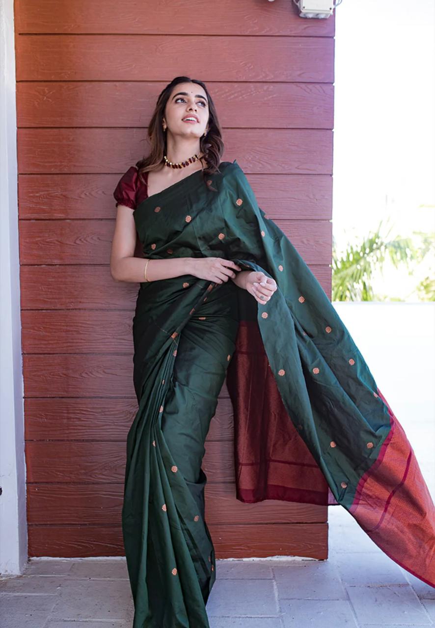 Liklee Green Banarasi Silk Saree With Dark Maroon Blouse Piece