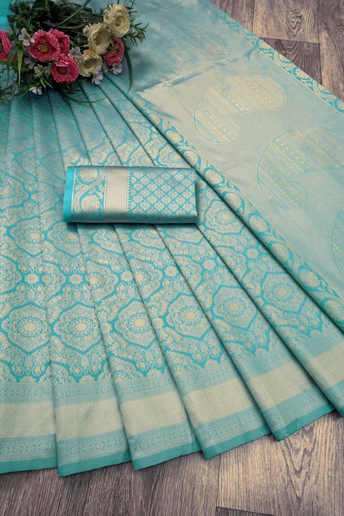 Liklee Festival Wear Sky Blue Soft Lichi Silk Saree With Heavy Border