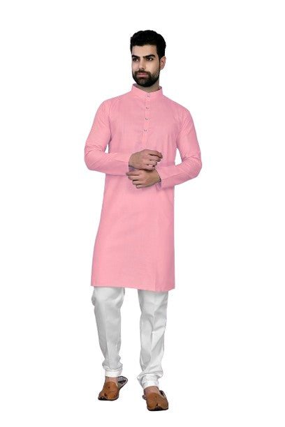 Light Pink Men's Cotton Stylish Kurta with Side Pocket