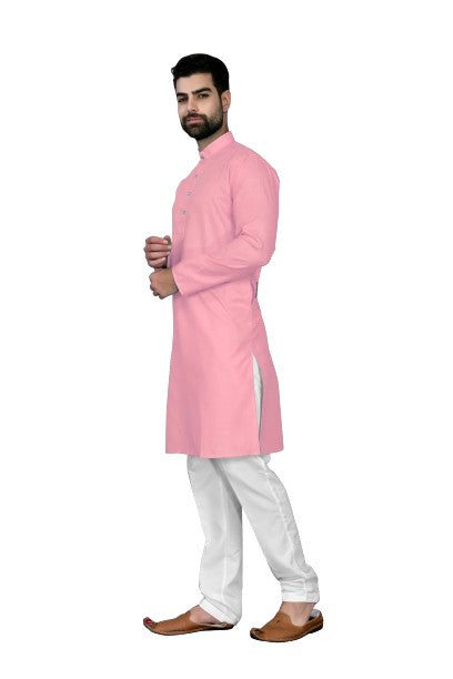 Light Pink Men's Cotton Stylish Kurta with Side Pocket