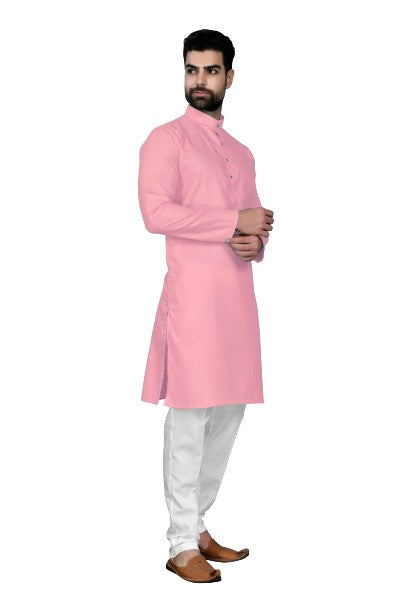 Light Pink Men's Cotton Stylish Kurta with Side Pocket