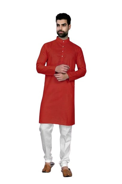 Red Men's Cotton Stylish Kurta with Side Pocket