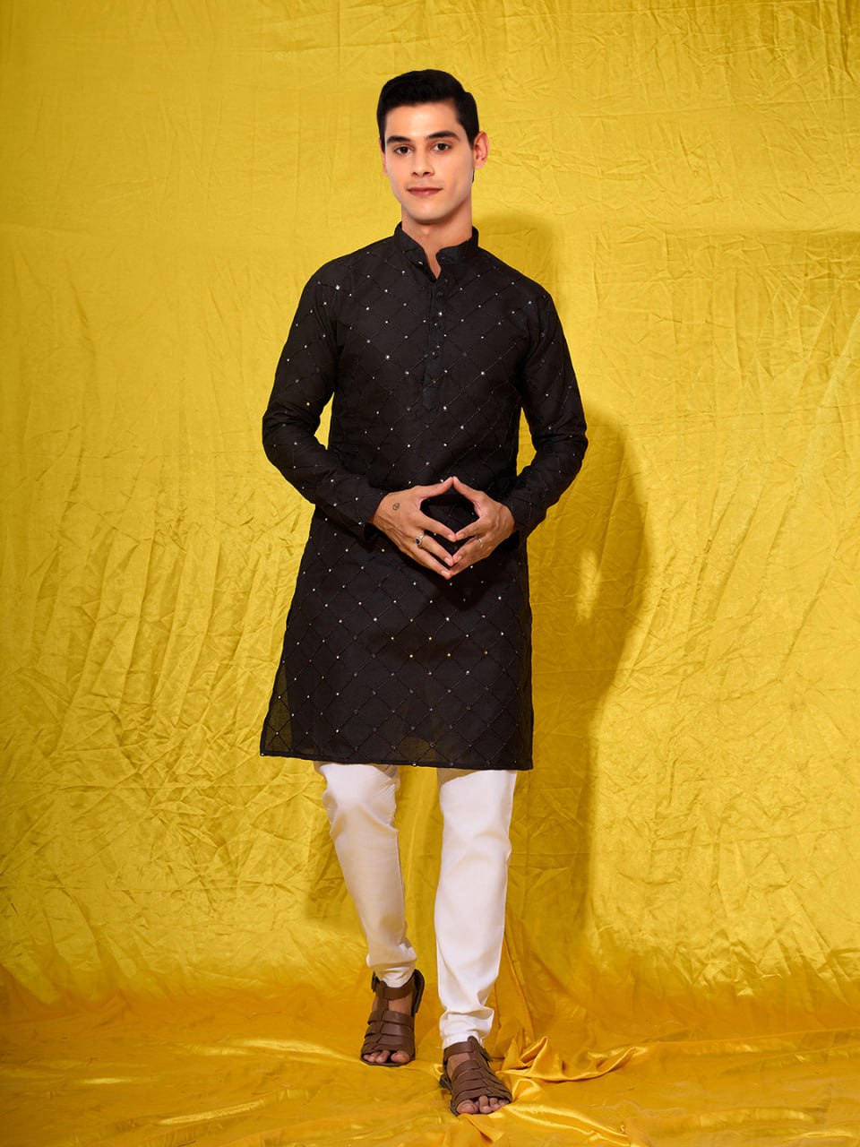 Black Men's Chicken Embroidery Work Black Kurta