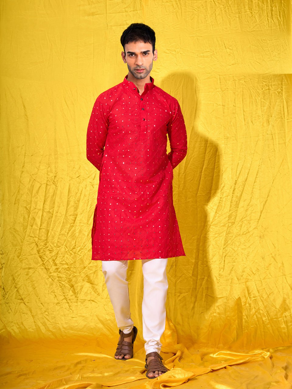 Red Men's Chicken Embroidery Work Black Kurta