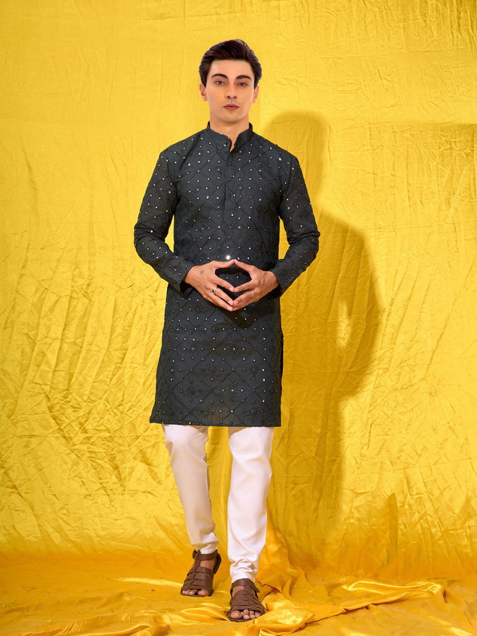 Grey Men's Chicken Embroidery Work Black Kurta