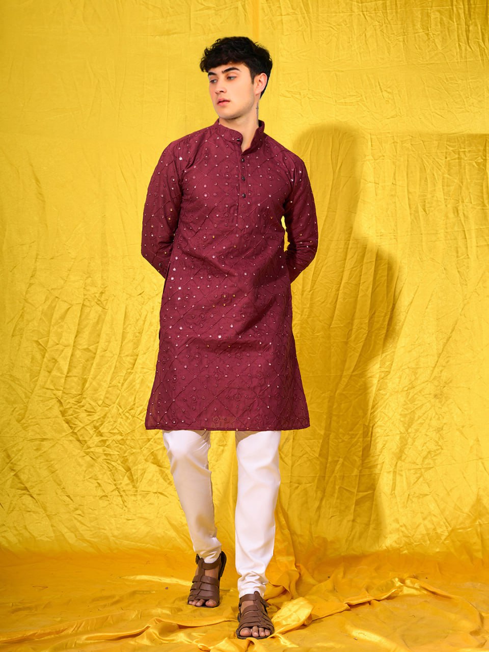 Maroon Men's Chicken Embroidery Work Black Kurta