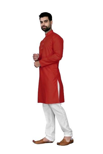 Red Men's Cotton Stylish Kurta with Side Pocket