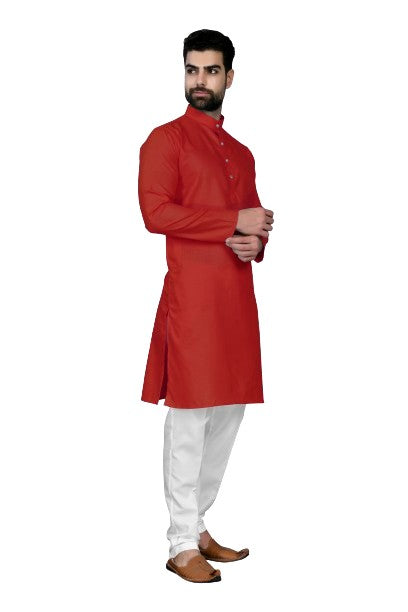 Red Men's Cotton Stylish Kurta with Side Pocket