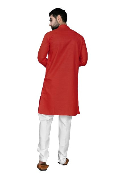 Red Men's Cotton Stylish Kurta with Side Pocket