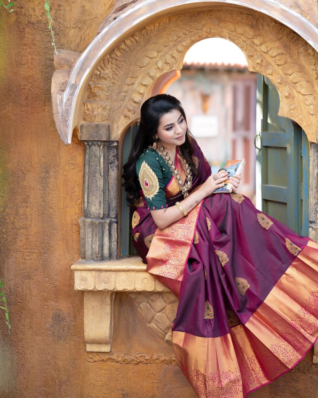 Liklee Wine Soft Banarasi Silk Saree with Unique Blouse Piece