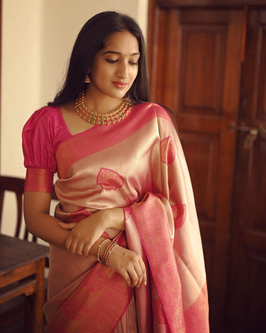 Liklee Baby Pink Women's Banarasi Silver Zari Weaving Silk Saree