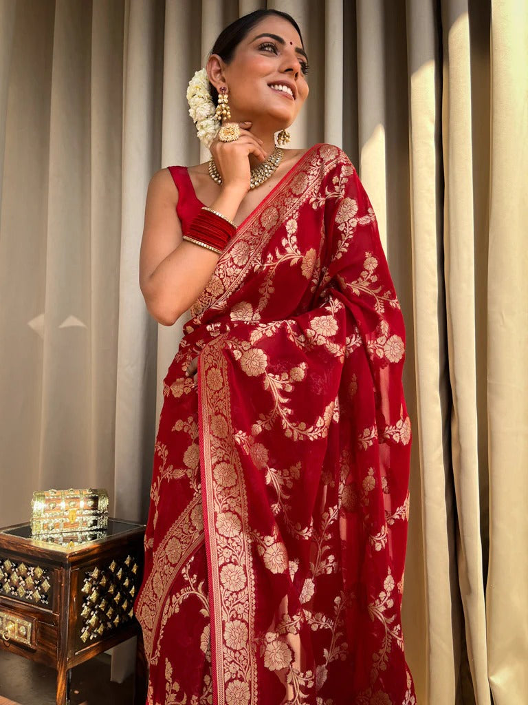 Liklee Red Luxurious Banarasi Weaves iconic collections Silk Saree