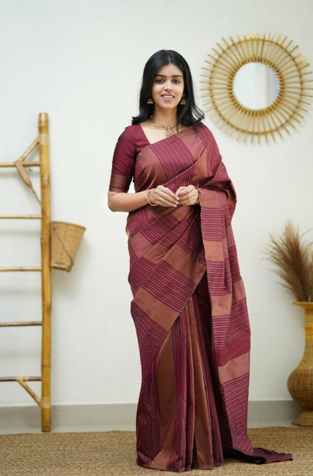 Liklee Maroon Handloom Weaving Silk Saree With Mesmeric Blue Blouse