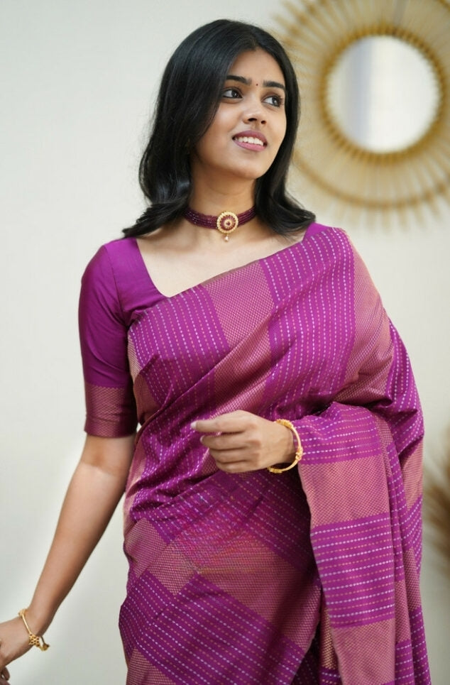 Liklee Purple Handloom Weaving Silk Saree With Mesmeric Blue Blouse