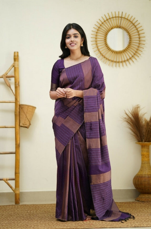 Liklee Wine Handloom Weaving Silk Saree With Mesmeric Blue Blouse