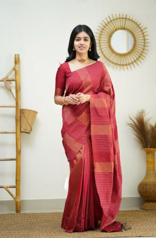 Liklee Red Handloom Weaving Silk Saree With Mesmeric Blue Blouse