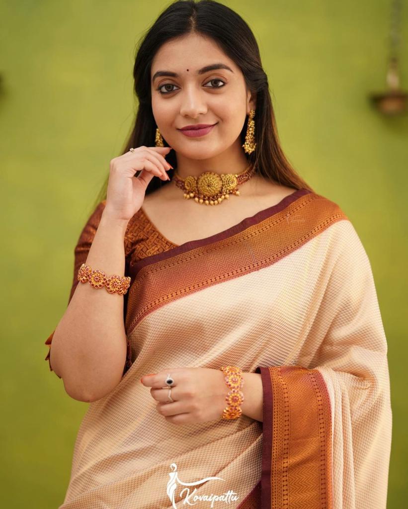 Liklee Denouement Crème Silk Saree with Unique Blouse Piece