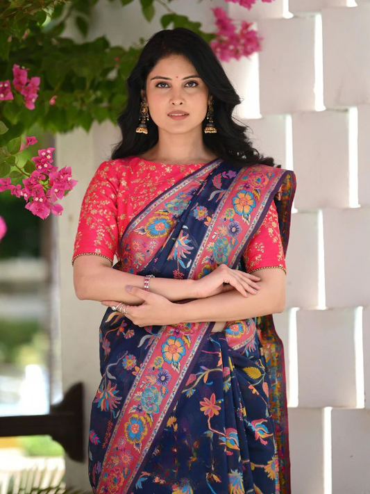 Liklee Stylish Blue & Pink Soft Banarasi Silk Saree with Unique Pink Blouse Piece