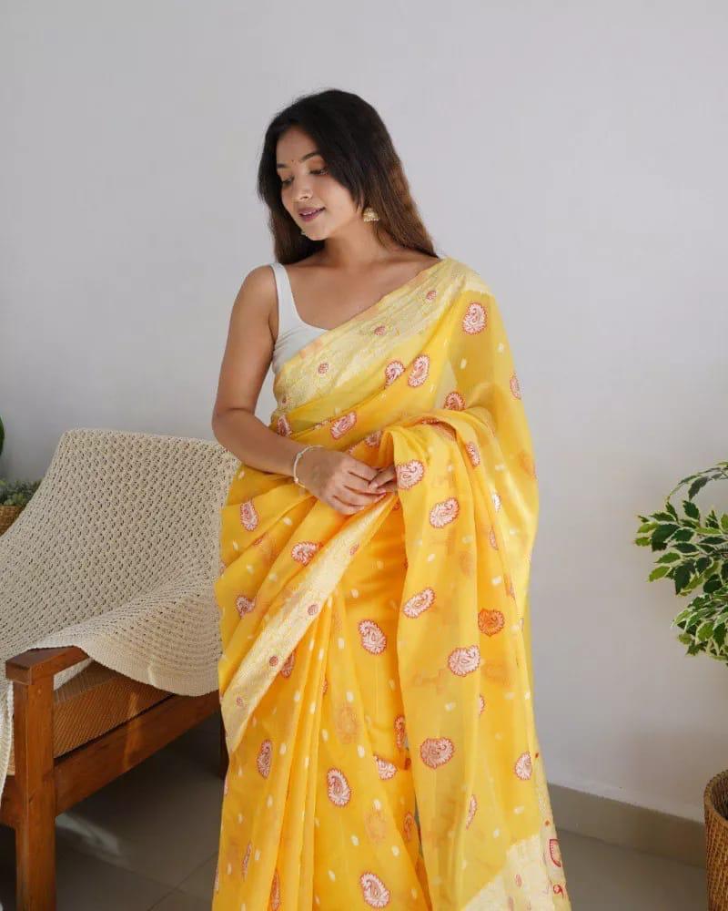 Liklee Wonderful Yellow Soft Silk Saree with Evanescent Blouse