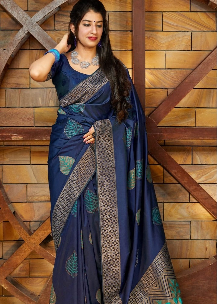 Liklee Blue Gorgeous Banarasi Silk Saree with Demesne Blouse Piece