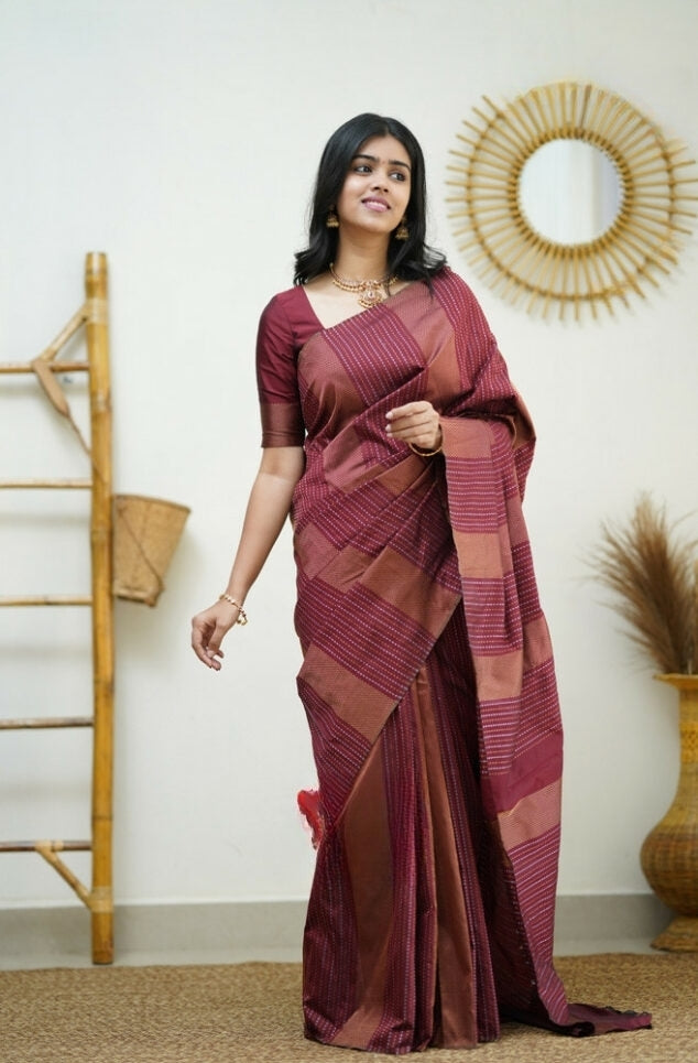 Liklee Maroon Handloom Weaving Silk Saree With Mesmeric Blue Blouse