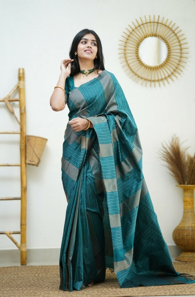 Liklee Rama Handloom Weaving Silk Saree With Mesmeric Blue Blouse