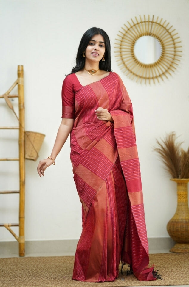 Liklee Red Handloom Weaving Silk Saree With Mesmeric Blue Blouse