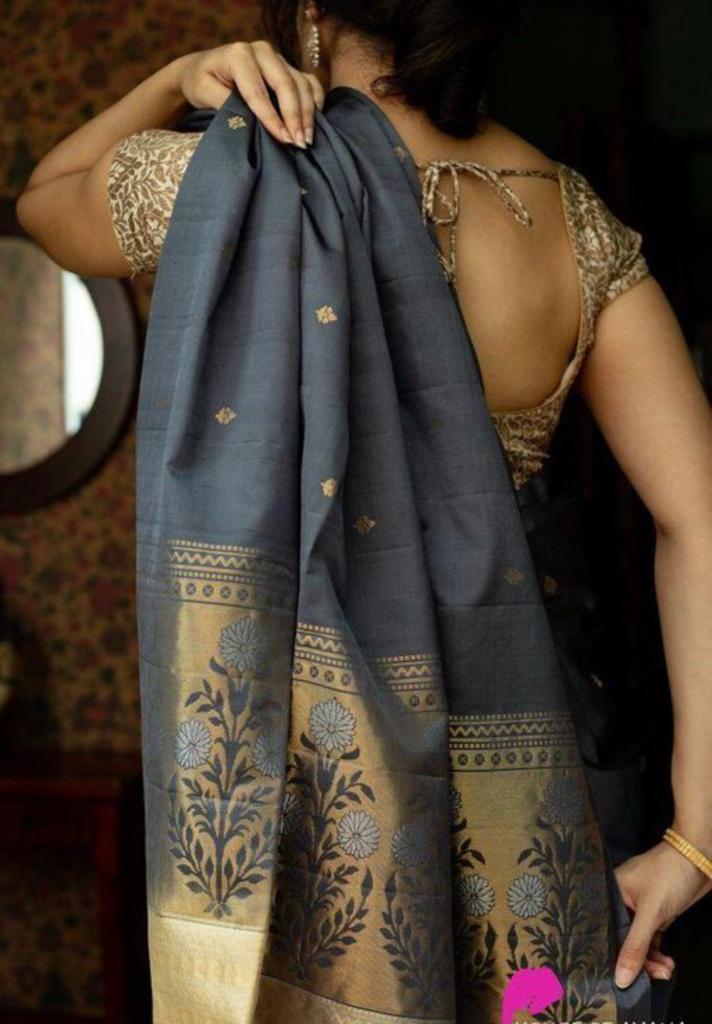 Gray Soft Banarasi Silk Saree With Petrichor Blouse Piece