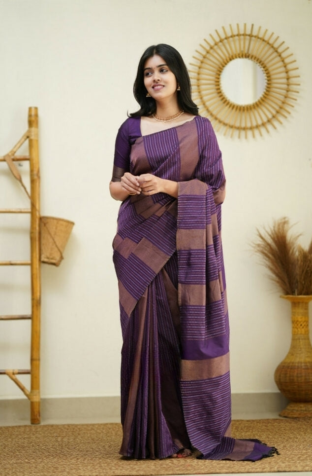 Liklee Wine Handloom Weaving Silk Saree With Mesmeric Blue Blouse