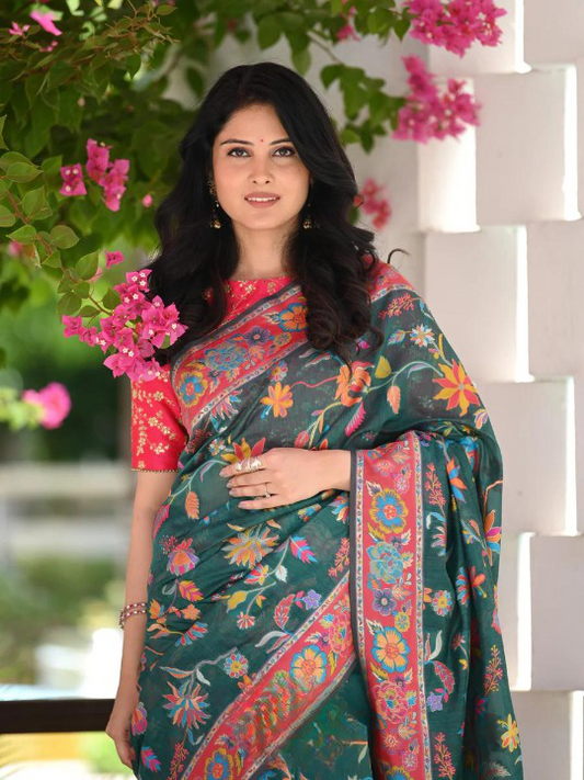 Liklee Improbable Green Soft Banarasi Silk Saree with Rich White Blouse Piece