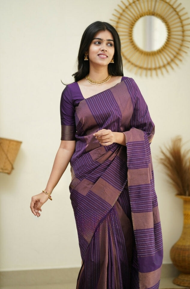 Liklee Wine Handloom Weaving Silk Saree With Mesmeric Blue Blouse