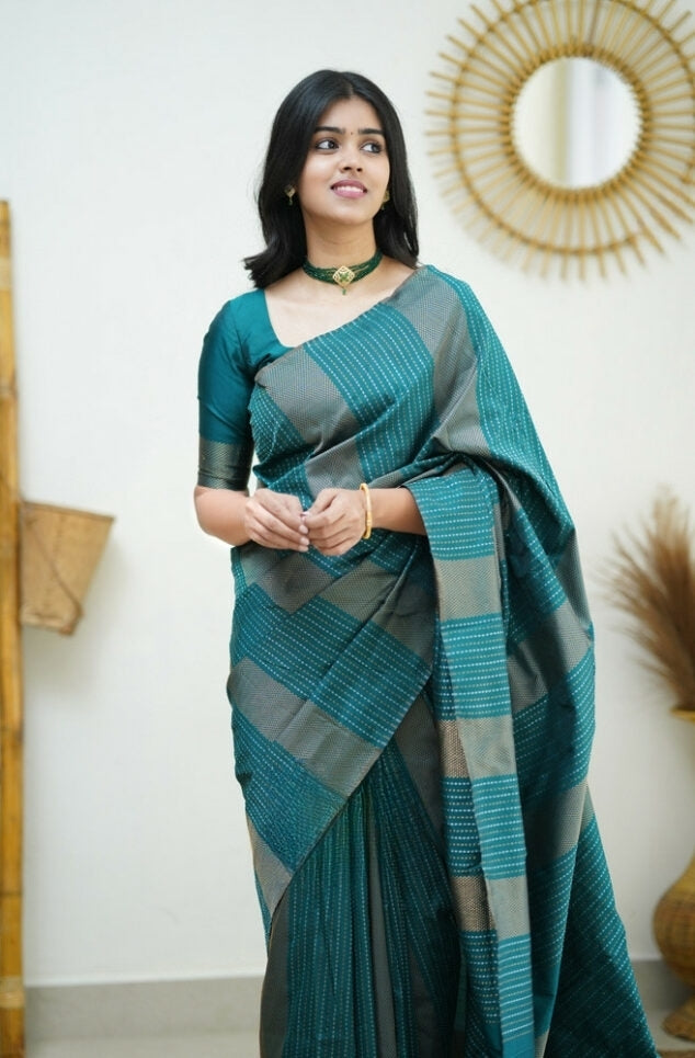 Liklee Rama Handloom Weaving Silk Saree With Mesmeric Blue Blouse