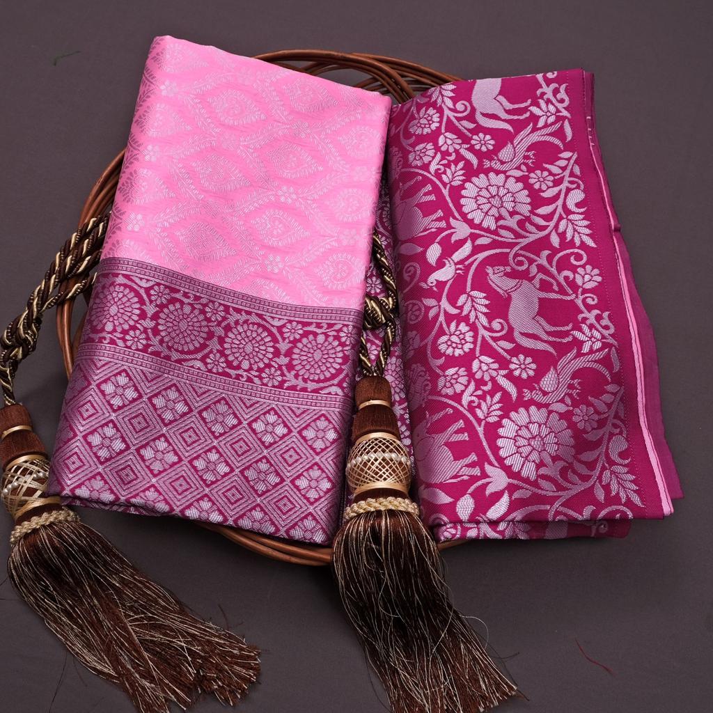 Liklee Pink Lichi Silk Wedding Wear Banarasi Saree With Blouse