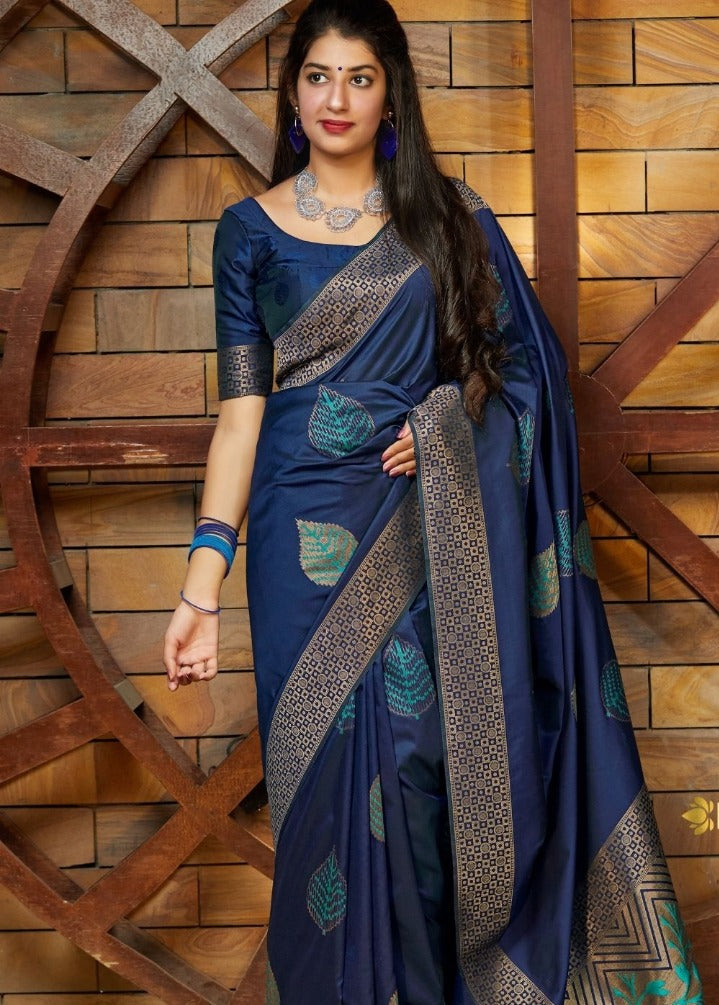 Liklee Blue Gorgeous Banarasi Silk Saree with Demesne Blouse Piece